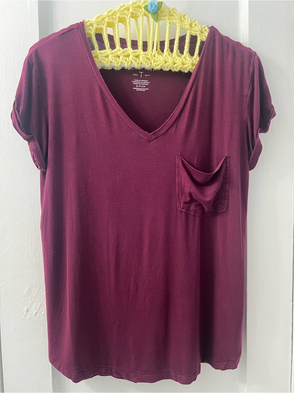 American Eagle Outfitters Burgundy V-Neck Pocket Tee